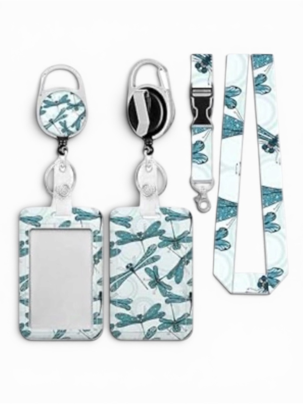 NWT Dragonfly Pattern Badge Holder Set with Lanyard and Reel - Teal